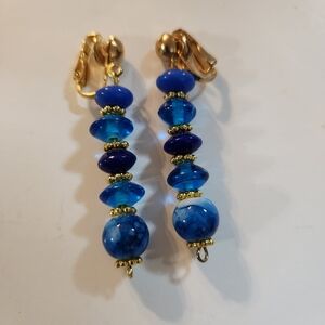 Hand Crafted Clip-on Earrings Blue Gold Drop Dangle Clips Varied Shades Shapes